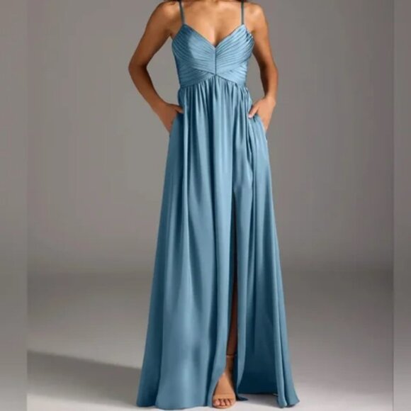 Azazie Dusty Blue Chiffon Maxi Bridesmaid Dress - Picture 1 of 2